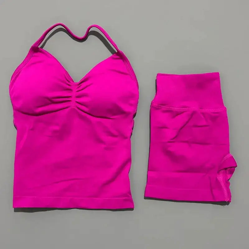 Women Sports Shorts Set Seamless Gym Longline Strappy Top and Tummy Control Short Leggings Suit Yoga Workout Activewear Set