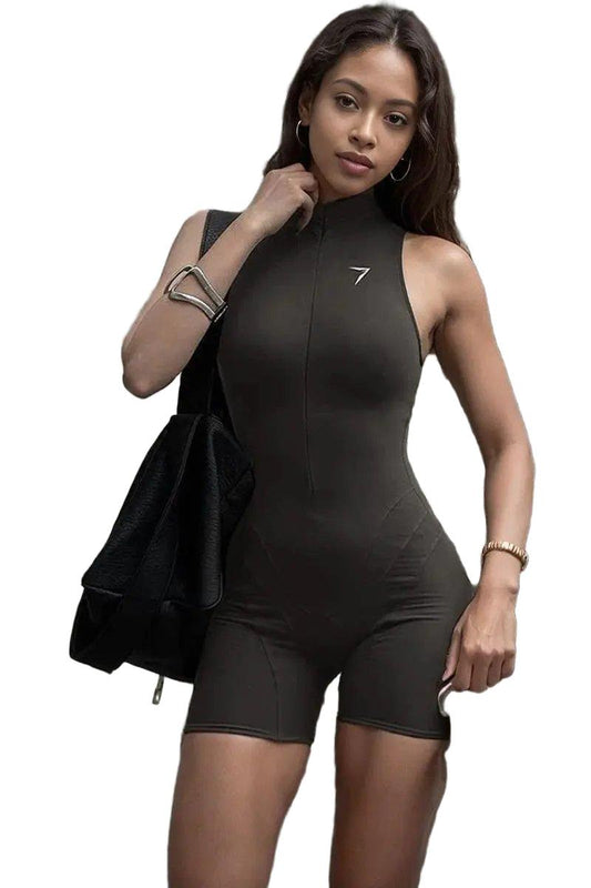 Zipper Collar Athletic Bodysuit Sleek Summer Yoga Sportswear