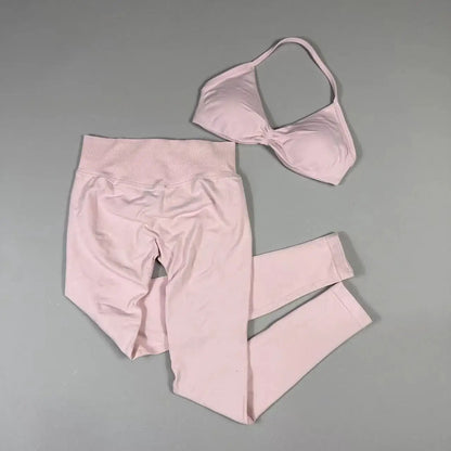 2-Piece Set Women's Seamless Clean (No Logo) Yoga Set, Halter Neck Sports Bra & High-Waisted Lifting Leggings for Gym Workouts