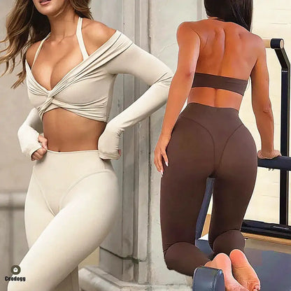 Women Sports Bra Fitness Yoga Set Long Sleeve Twist Shirt Quick Dry Crop Tops Gym Clothes Running Legging Active Wear XP184