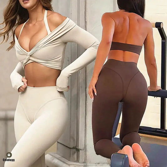 Women Sports Bra Fitness Yoga Set Long Sleeve Twist Shirt Quick Dry Crop Tops Gym Clothes Running Legging Active Wear XP184