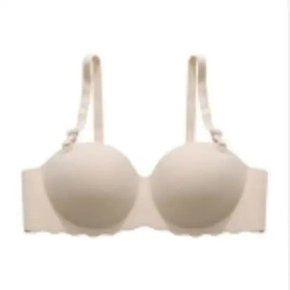 Seamless beige bra with adjustable straps on white background, OurLum.com health and beauty