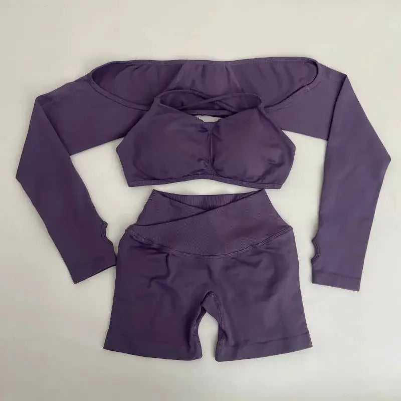 Yoga Vision Shrug 3 Pieces Top Leggings Gym Set Women's Seamless High Elastic Longline Vest Buttock lift Exercise Shorts Set