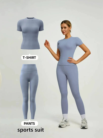 Women's Short Sleeve Sporty Set, High Waist Yoga Pants & T-Shirt Combo, Ideal for Fitness Gym Sculpting Workout