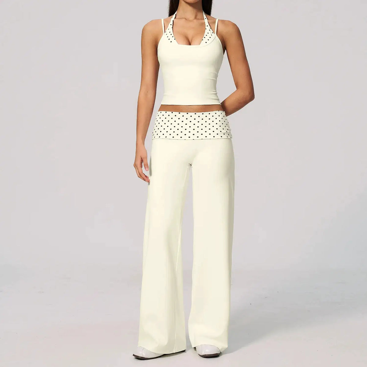 Women's 2 Piece Yoga Set Halter Neck Crop Top Fold Over Waist Wide Legged Flare Trousers Polka Dot Striped Gym Workout Running