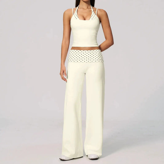 Women's 2 Piece Yoga Set Halter Neck Crop Top Fold Over Waist Wide Legged Flare Trousers Polka Dot Striped Gym Workout Running