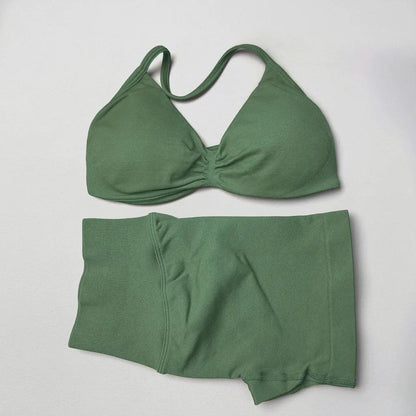 WANAYOU Seamless 2 Pcs Women Yoga Sets Halter Bras Sports Crop Tops Low Waist Scrunch Butt Gym Shorts Tight Quick Dry Leggings
