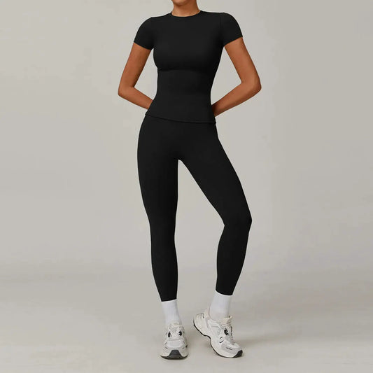 Women Yoga Set 2PCS Workout Set Sportswear Gym Clothing Fitness Long Sleeve High Waist Leggings Cycling Shorts Sports Suits