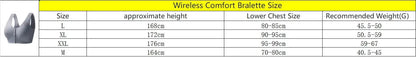 Wireless comfort bralette size chart with measurements and bra image at OurLum.com