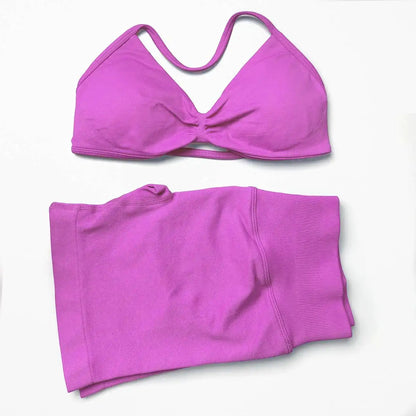WANAYOU Seamless 2 Pcs Women Yoga Sets Halter Bras Sports Crop Tops Low Waist Scrunch Butt Gym Shorts Tight Quick Dry Leggings