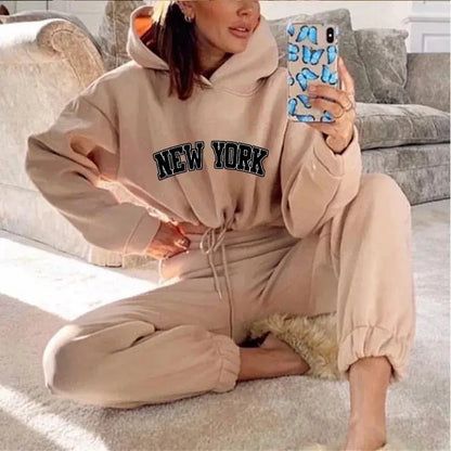 Womens Hooded Print Tracksuit Set Two Piece Pullover