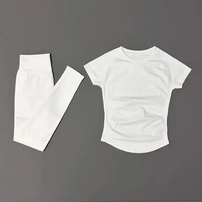 2Pcs HISTELLO Fitness Sets Women High Elastic Seamless Short Sleeve Top Low Waist Full Leggings Tummy Control Butt Lift Yoga Gym