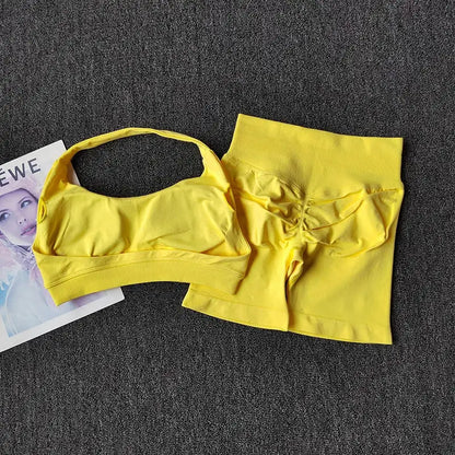2PCs Peach High Waist Belly Hip Lifting Sports Bras Shorts Suit Gathering Shock-proof Neck Halter Yoga Suit Running Fitness Set