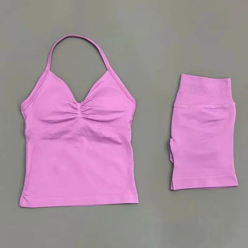 Women Sports Shorts Set Seamless Gym Longline Strappy Top and Tummy Control Short Leggings Suit Yoga Workout Activewear Set