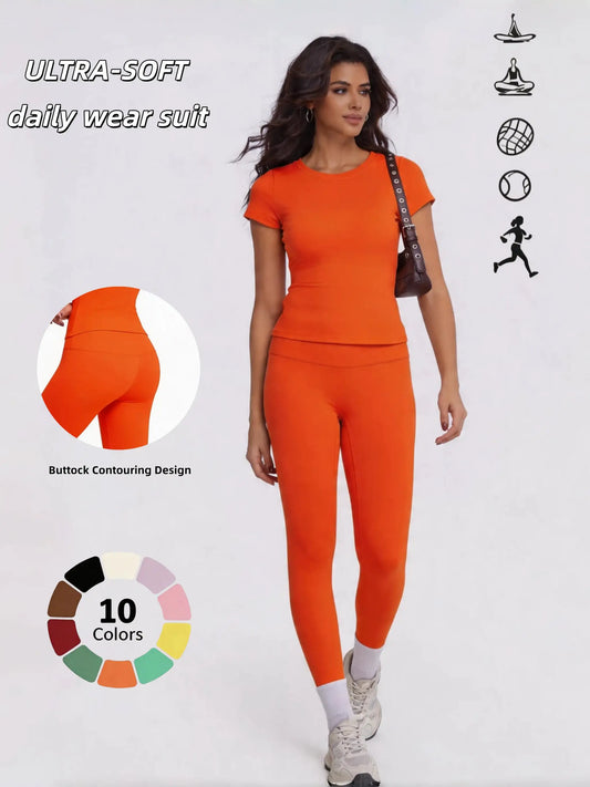 Women's 2 Piece Workout Set, Ultra-Soft Short Sleeve T-Shirt & High Waist Leggings, Seamless Butt Lifting Yoga Outfit for Gym, R
