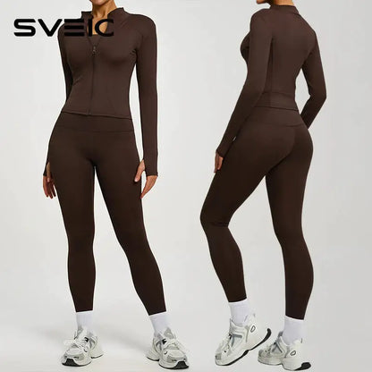 SVEIC Gym Set 2 Piece Yoga Women's Tracksuit Long Sleeve Jacket Sport Top High Waist Leggings Fitness Breathable Wokrout Clothes