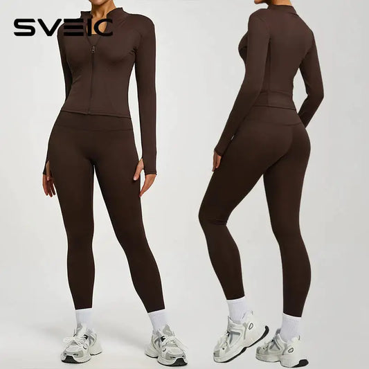 SVEIC Gym Set 2 Piece Yoga Women's Tracksuit Long Sleeve Jacket Sport Top High Waist Leggings Fitness Breathable Wokrout Clothes