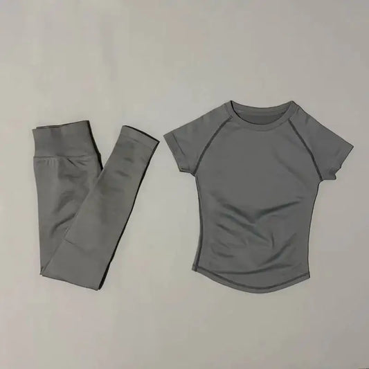 2Pcs HISTELLO Fitness Sets Women High Elastic Seamless Short Sleeve Top Low Waist Full Leggings Tummy Control Butt Lift Yoga Gym
