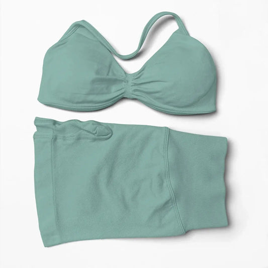 WANAYOU Seamless 2 Pcs Women Yoga Sets Halter Bras Sports Crop Tops Low Waist Scrunch Butt Gym Shorts Tight Quick Dry Leggings