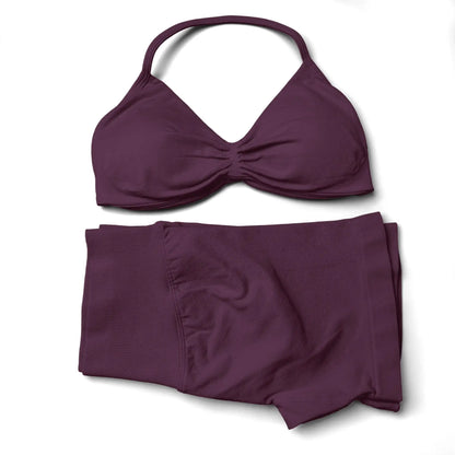 WANAYOU Seamless 2 Pcs Women Yoga Sets Halter Bras Sports Crop Tops Low Waist Scrunch Butt Gym Shorts Tight Quick Dry Leggings