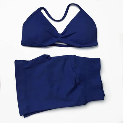 STOUREG 2 Pieces Yoga Gym Set Women Seamless Strappy Yoga Bra High Waist Workout Scrunch Shorts Set Fitness Clothes Sportswear