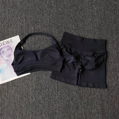 2PCs Peach High Waist Belly Hip Lifting Sports Bras Shorts Suit Gathering Shock-proof Neck Halter Yoga Suit Running Fitness Set