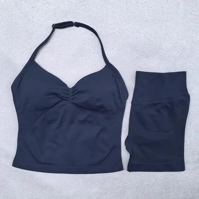 2 Pieces Yoga Set Women Backless Halter Tops High Waist Seamless Shorts Gym Suit Fitness Clothes Sportswear Workout Sets