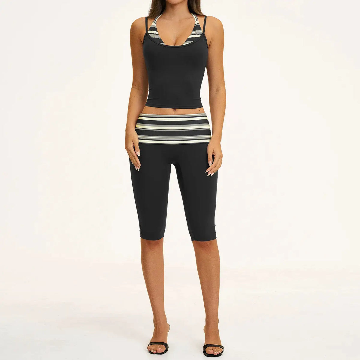 2PCS Stripes Fitness Suit Women's Tracksuits Polka Dot High Waist Workout Capri Pants Sports Set Female Yoga Sports Clothes