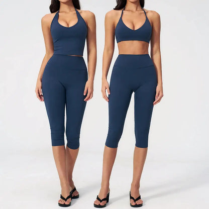 Women 2 Piece Yoga Set High Waist Capri Leggings Sports Bra Crop Top Workout Gym Athletic Outfits Female Fitness Activewear Suit