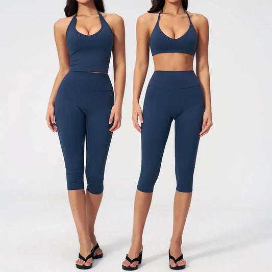 Women 2 Piece Yoga Set High Waist Capri Leggings Sports Bra Crop Top Workout Gym Athletic Outfits Female Fitness Activewear Suit