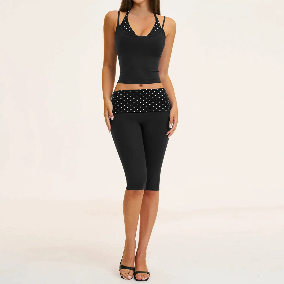 2PCS Stripes Fitness Suit Women's Tracksuits Polka Dot High Waist Workout Capri Pants Sports Set Female Yoga Sports Clothes