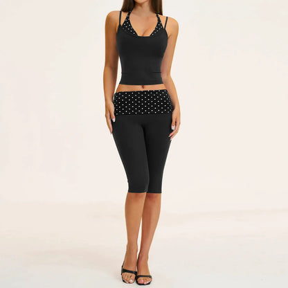 2PCS Stripes Fitness Suit Women's Tracksuits Polka Dot High Waist Workout Capri Pants Sports Set Female Yoga Sports Clothes