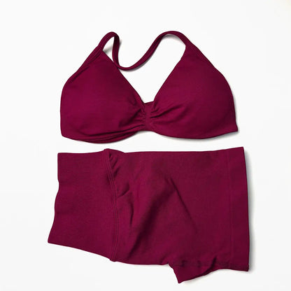 STOUREG 2 Pieces Yoga Gym Set Women Seamless Strappy Yoga Bra High Waist Workout Scrunch Shorts Set Fitness Clothes Sportswear