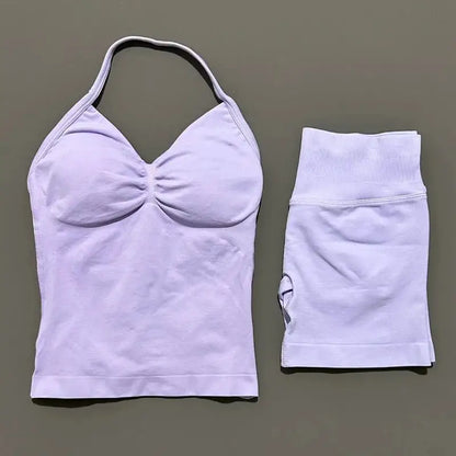 Women Sports Shorts Set Seamless Gym Longline Strappy Top and Tummy Control Short Leggings Suit Yoga Workout Activewear Set