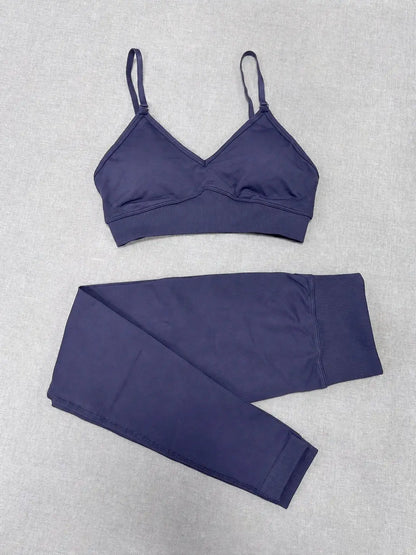 Quick Dry V Neck Sports Bra and Yoga Pants Set for Women, 90% Nylon 10% Spandex Moisture Wicking Two Piece Gym Fitness Workout Outfit, Strappy Crop Top Full Length Activewear for Running Training