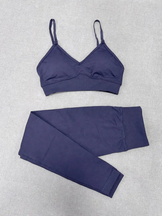 Quick Dry V Neck Sports Bra and Yoga Pants Set for Women, 90% Nylon 10% Spandex Moisture Wicking Two Piece Gym Fitness Workout Outfit, Strappy Crop Top Full Length Activewear for Running Training