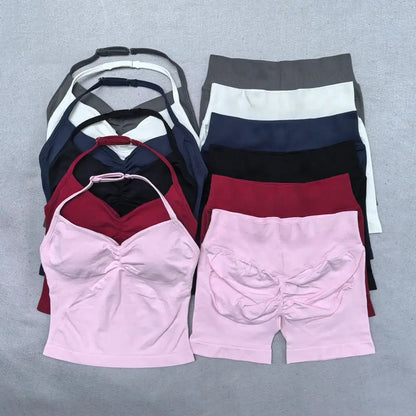 2 Pieces Yoga Set Women Backless Halter Tops High Waist Seamless Shorts Gym Suit Fitness Clothes Sportswear Workout Sets