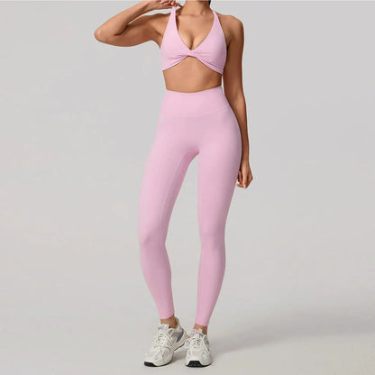 Hearuisavy Summer Yoga Set 2Pcs Women Gym Sportswear Breathable Cross Sports Bra Workout Top High Waist Push Up Fitness Leggings
