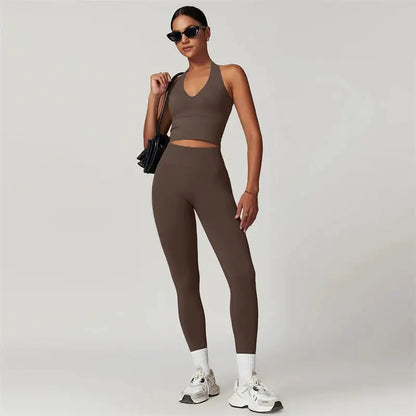 2 Pieces Women Yoga Set Workout Sportswear Gym Clothing Fitness Short Sleeve Crop Top High Waist Leggings Sport Suits