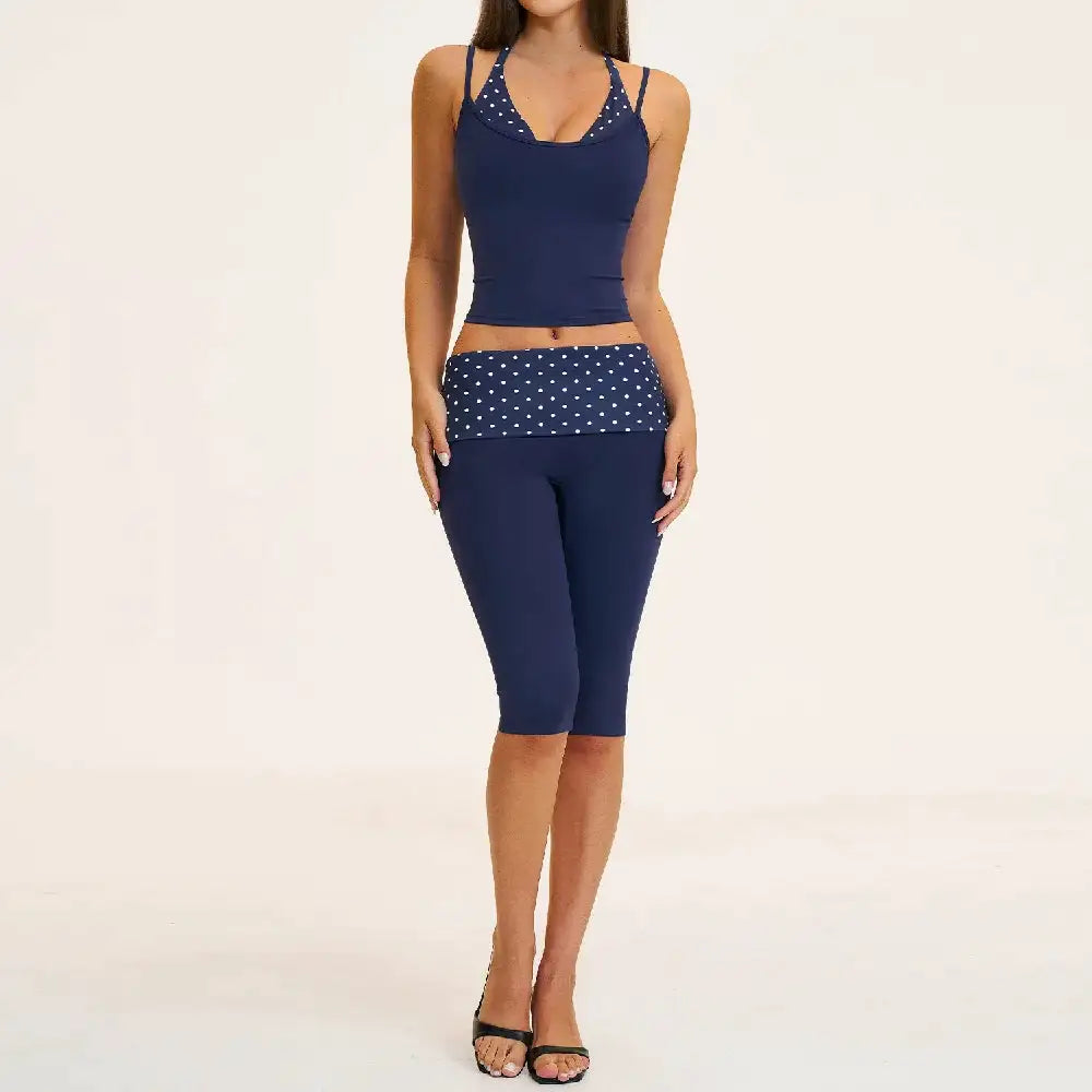 2PCS Stripes Fitness Suit Women's Tracksuits Polka Dot High Waist Workout Capri Pants Sports Set Female Yoga Sports Clothes