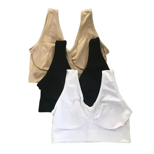 Assorted seamless wireless bras in beige, black, and white on grey fabric, OurLum.com health and beauty