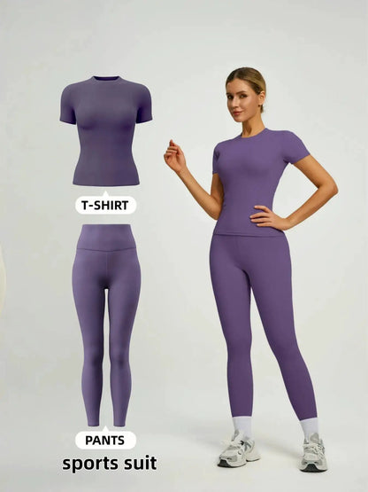 Women's Short Sleeve Sporty Set, High Waist Yoga Pants & T-Shirt Combo, Ideal for Fitness Gym Sculpting Workout