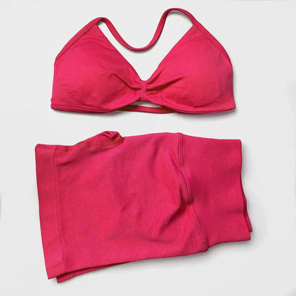 STOUREG 2 Pieces Yoga Gym Set Women Seamless Strappy Yoga Bra High Waist Workout Scrunch Shorts Set Fitness Clothes Sportswear