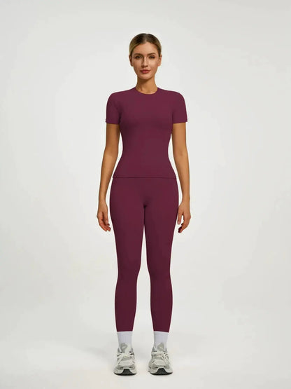 Women's Short Sleeve Sporty Set, High Waist Yoga Pants & T-Shirt Combo, Ideal for Fitness Gym Sculpting Workout