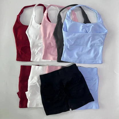 No Logo 2 Pieces Gym Set Women Backless Halter Tops High Waist Seamless Shorts Gym Suit Fitness Clothes Sportswear Workout Sets