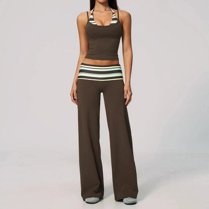Women's 2 Piece Yoga Set Halter Neck Crop Top Fold Over Waist Wide Legged Flare Trousers Polka Dot Striped Gym Workout Running