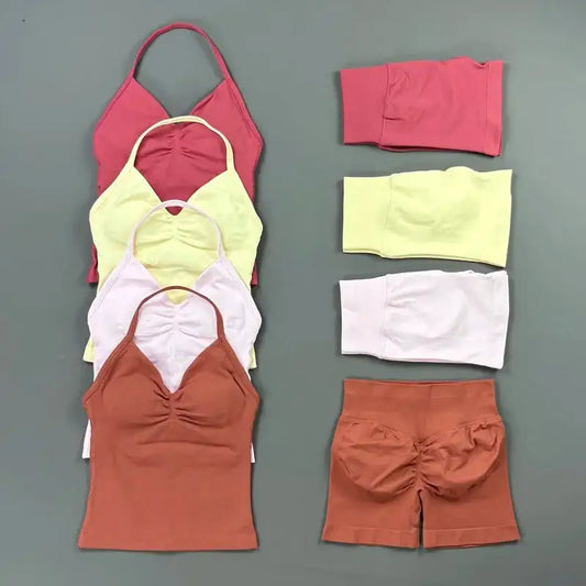 Women Sports Shorts Set Seamless Gym Longline Strappy Top and Tummy Control Short Leggings Suit Yoga Workout Activewear Set