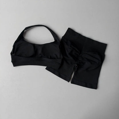 2 Pieces Women's Yoga Suit Seamless Fitness Gym Clothes Halter Sports Bra with Matching Shorts Workout Set Gym Outfit