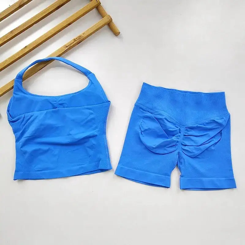 Yoga 2 Pieces Gym Set Women Backless Halter Tops High Waist Seamless Shorts Gym Suit Fitness Sports Bras Sportswear Workout Sets