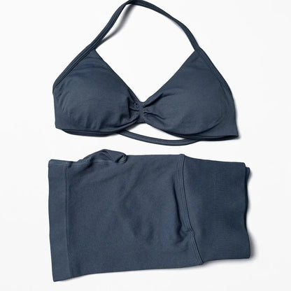 STOUREG 2 Pieces Yoga Gym Set Women Seamless Strappy Yoga Bra High Waist Workout Scrunch Shorts Set Fitness Clothes Sportswear